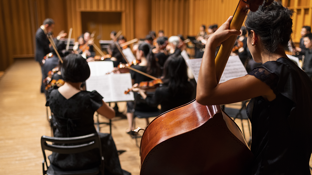 music students playing string instruments during a performance led by a conductor